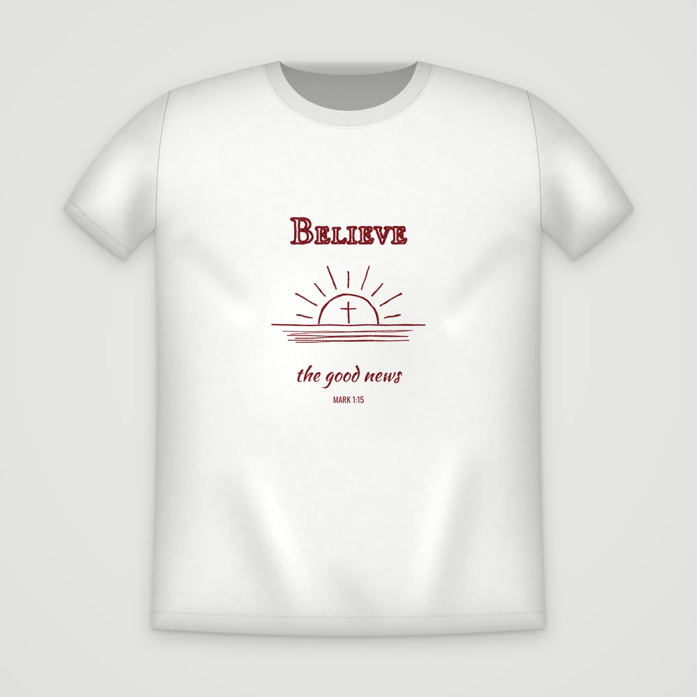 Believe T-shirt in White, front, printed in Repent maroon