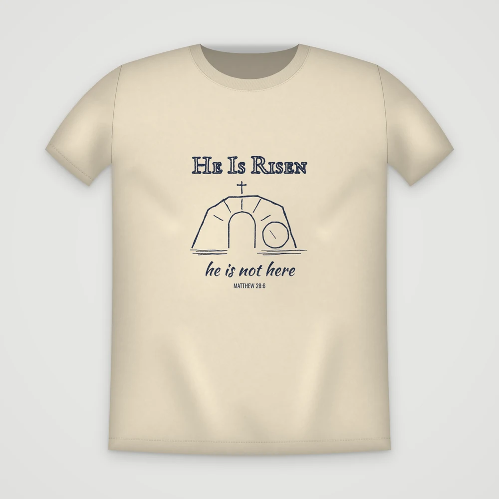 He Is Risen T-shirt in Natural, front, printed in Navy