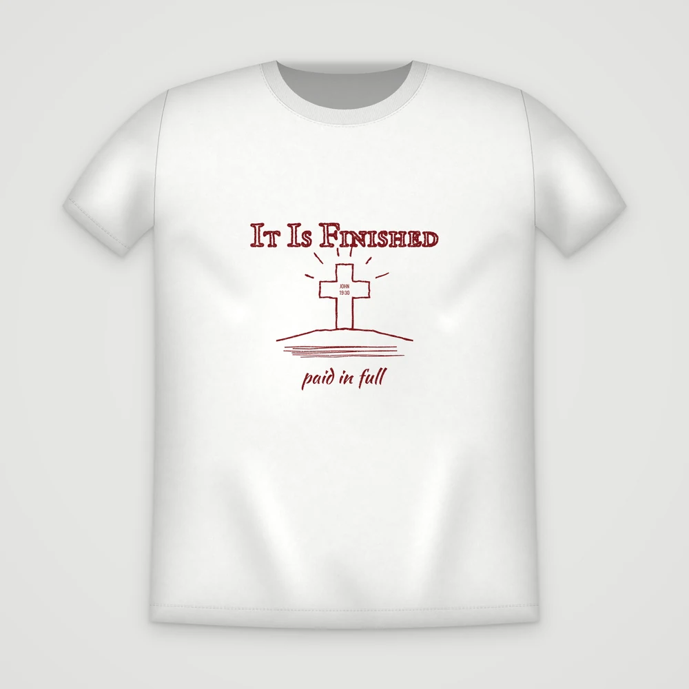 It Is Finished T-shirt in White, front, printed in Repent maroon