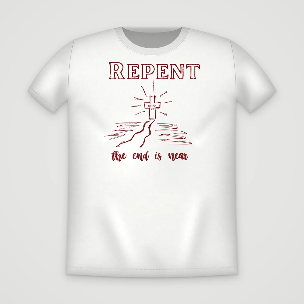 Repent, The End Is Near T-shirt in White, front, printed in Repent maroon