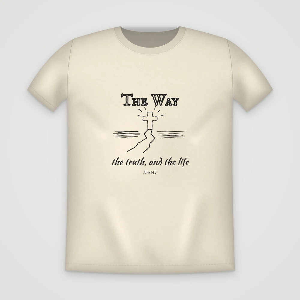 The Way T-shirt in Soft Cream, front, printed in Black